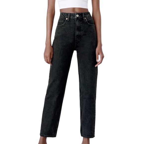Zara Denim - Zara Ultra High Rise Button Fly Mom Fit Denim Jean Black